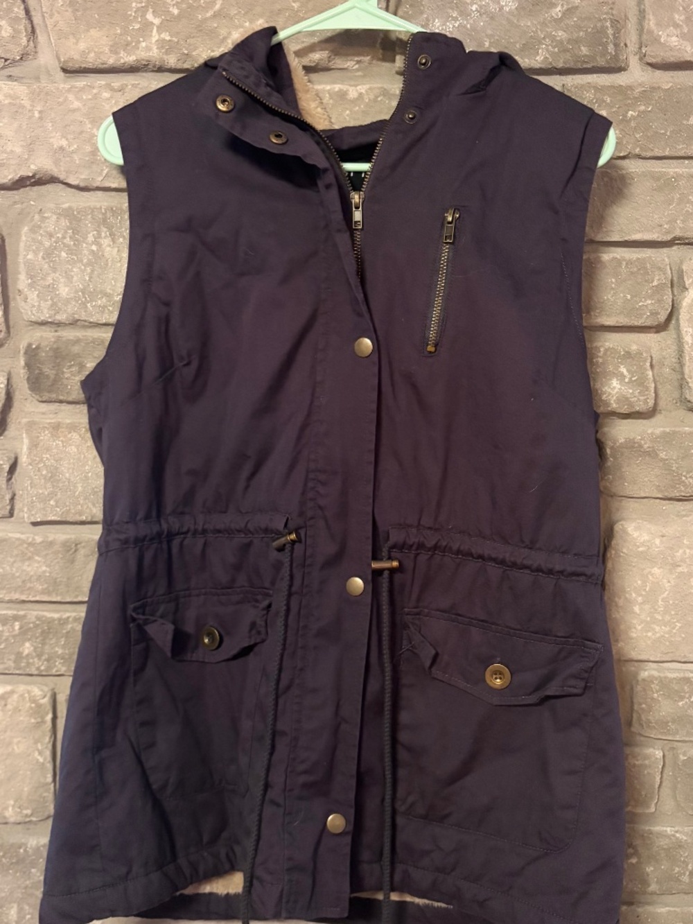 C’est Toi Navy Utility Vest Hooded Sherpa Lined Drawstring Waist Women’s L